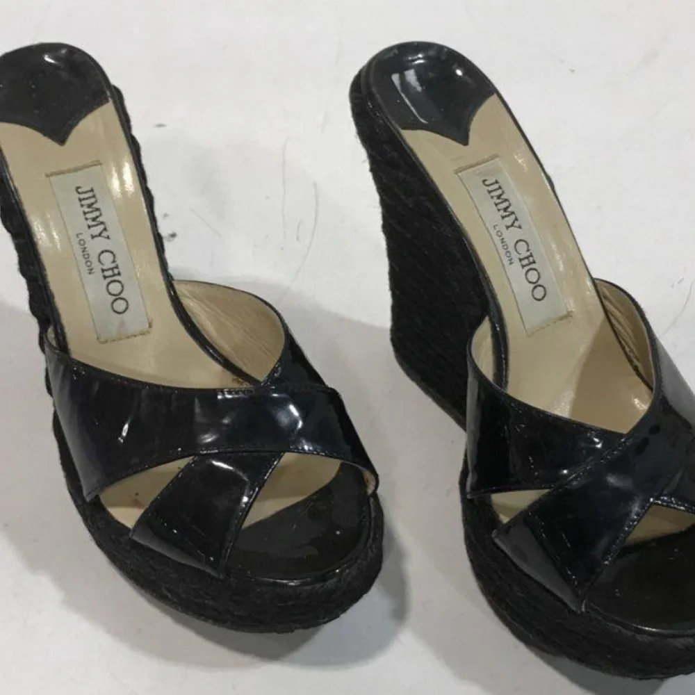 Women’s Jimmy Choo Black Patent Platform Espadrille Wedge Heels Sandals Size 37